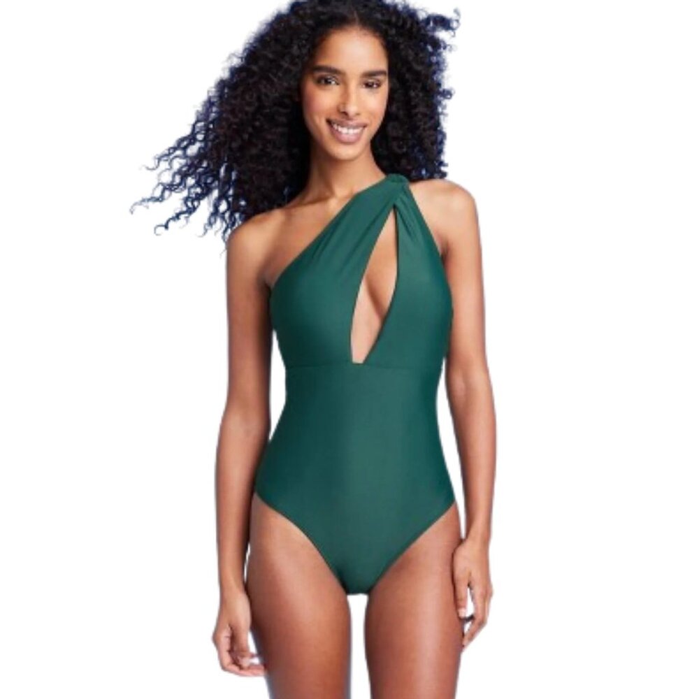 SHADE & SHORE DARK GREEN ONE SHOULDER KEYHOLE FRONT ONE PIECE SWIMSUIT  XL NWT
